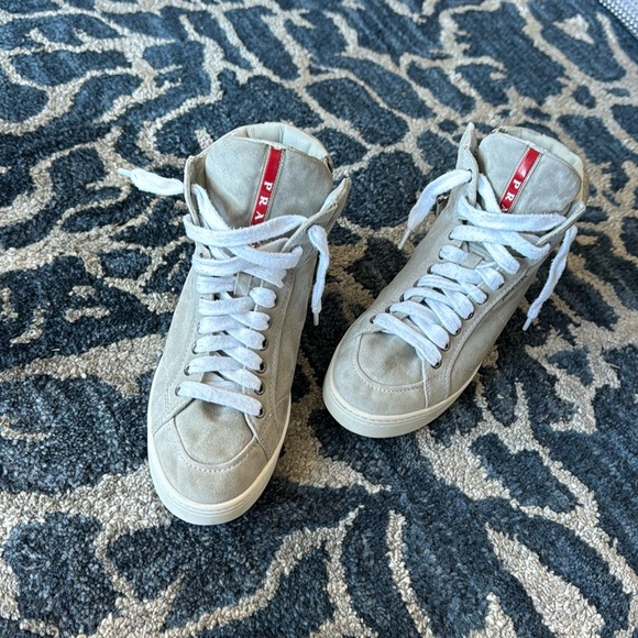 Prada Suede Leather High Top Sneakers Sz 6/36.5 Gray Logo Lace up Side Zipper - Picture 1 of 15